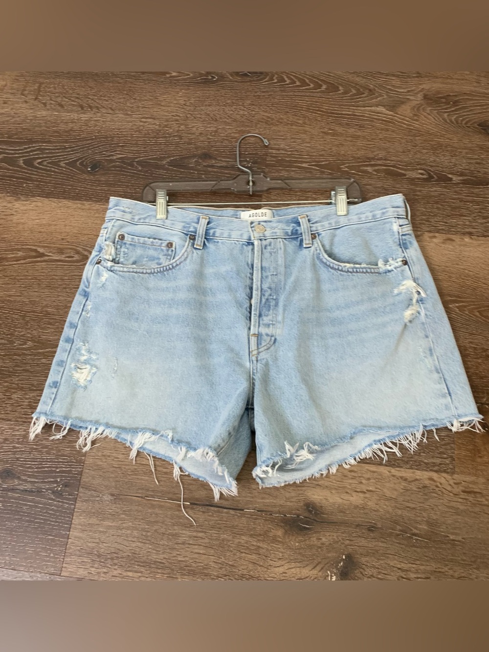 Agolde Womens blue Parker long button fly distressed jean shorts 32